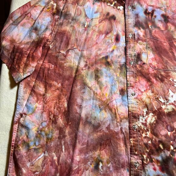 Custom Tie Dye Men’s 2XL Short Sleeve Linen Blend Button Down Shirt Red Brown - Picture 7 of 13